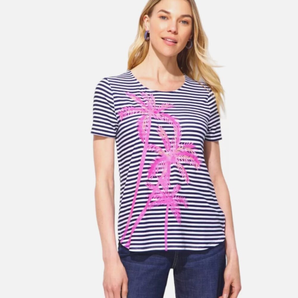 Chico's Pink Palm Tree Striped Top Size 2 / L Vacation Preppy Resortwear